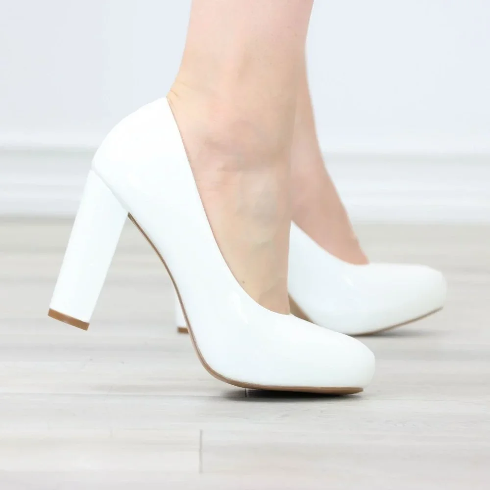Classic White Patent Platform High Heels Slip On Round Toe Pumps - Picture 5 of 12